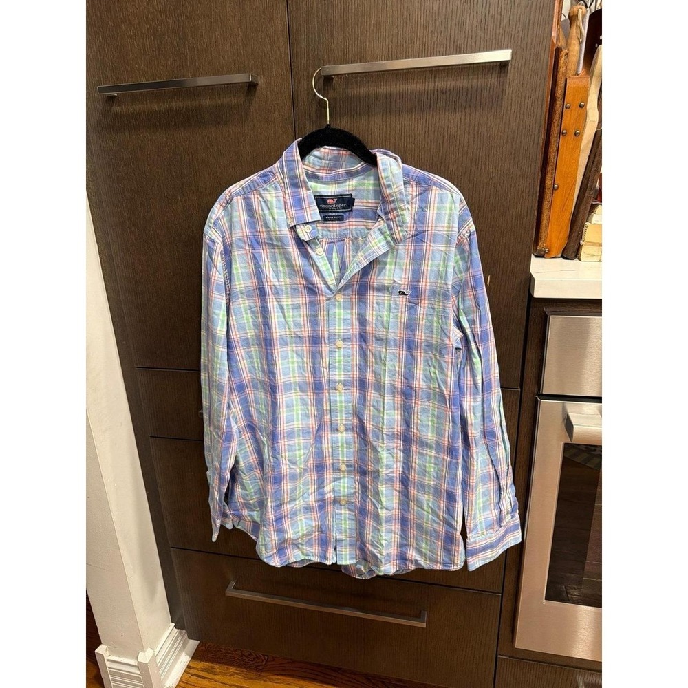 Vineyard Vines men's pastel blue green plaid cotton long-sleeve button-down L
